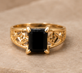 Gold Filigree Band Black Emerald-Cut Stone Ring