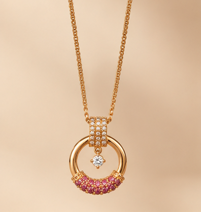 Gold Circle Pink Crystal Pendant Necklace