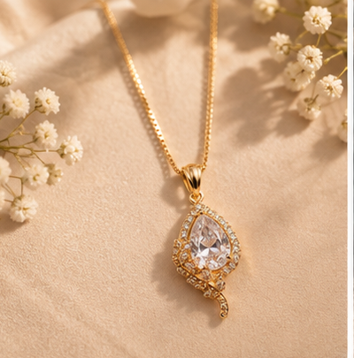 Gold Teardrop Crystal Halo Pendant Necklace