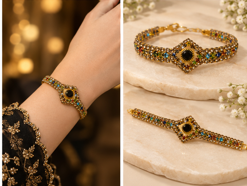 Gold Multicolor Rhinestone Black Onyx Diamond Centerpiece Bracelet