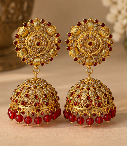 Gold Ruby Crystal Filigree Jhumka Earrings