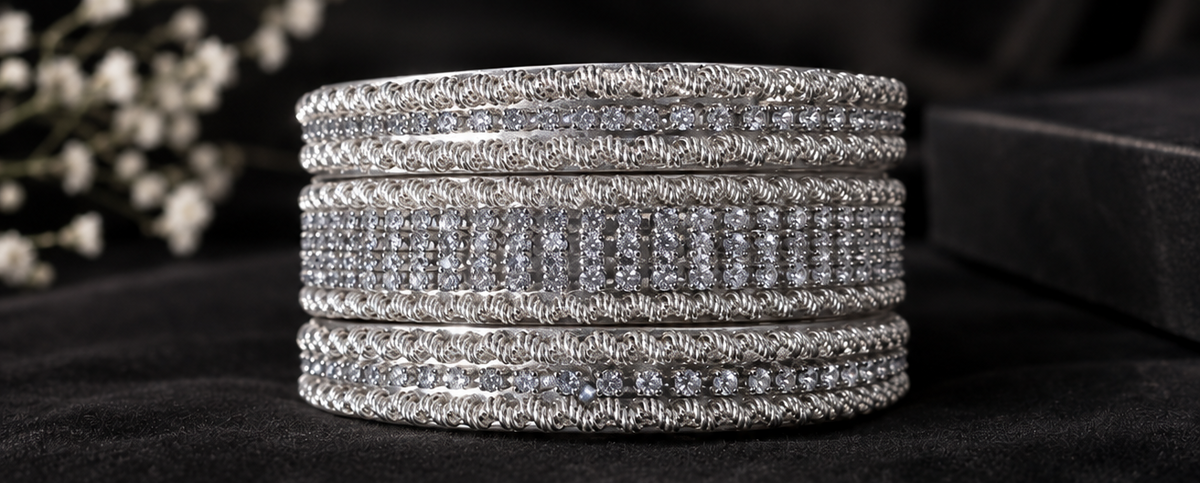 Silver Crystal Bangles Set