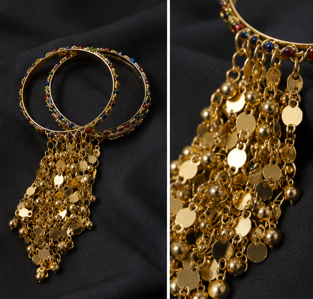 Gold bangles with ghungroo coin tassel drops