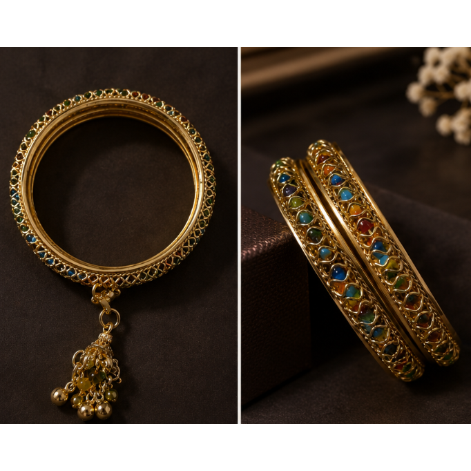 Gold Meenakari Bangles with Jhumka