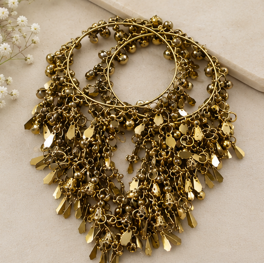 Antique Gold Hoop Earrings with Ghungroo & Tassel