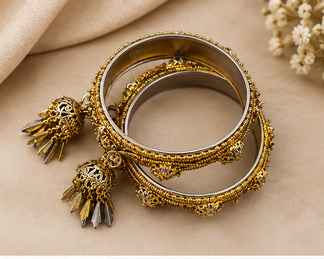 Gold Coil Bangles with Ruby Crystal Stones