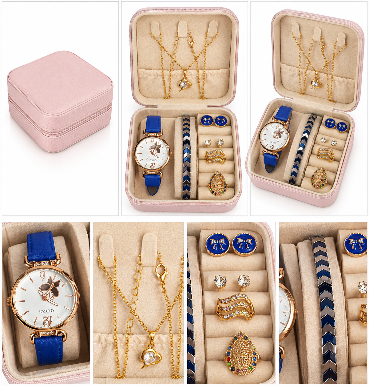 Blue & Gold Jewellery Box Deal – Watch, Necklace, Bracelets, Earrings & Rings Set