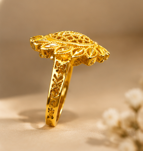 Gold Sunflower Filigree Crystal Ring