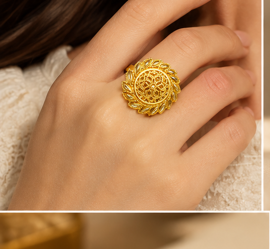 Gold Sunflower Filigree Crystal Ring