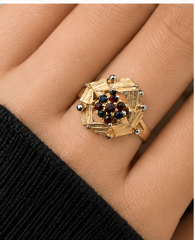Gold Geometric Square Crystal Cluster Ring