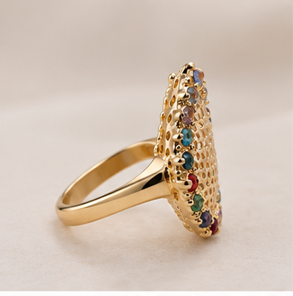 Gold Teardrop Dome Rainbow Gemstone Border Ring