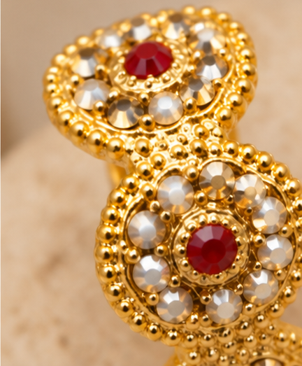 Gold Triple Floral Pearl & Ruby Ring