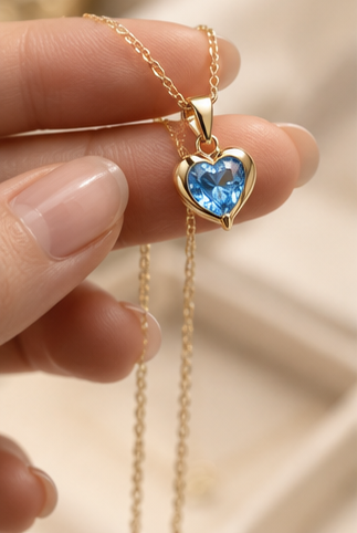 Gold Blue Heart Crystal Pendant Necklace