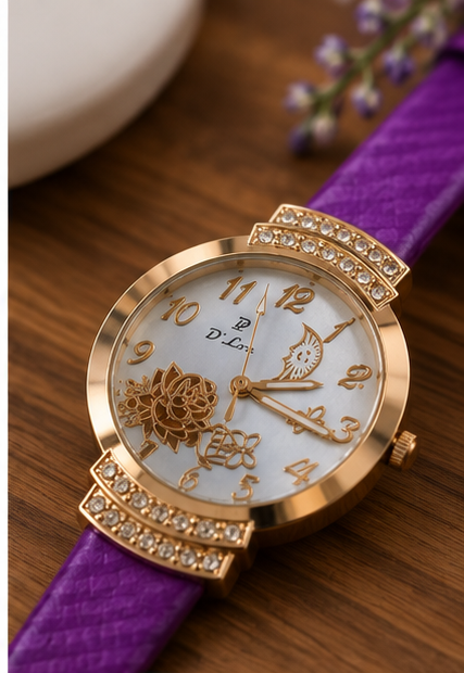 D'Lou Purple Crystal Floral Watch