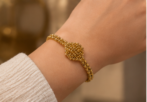 Gold Granule Cluster Dome Beaded Chain Bracelet