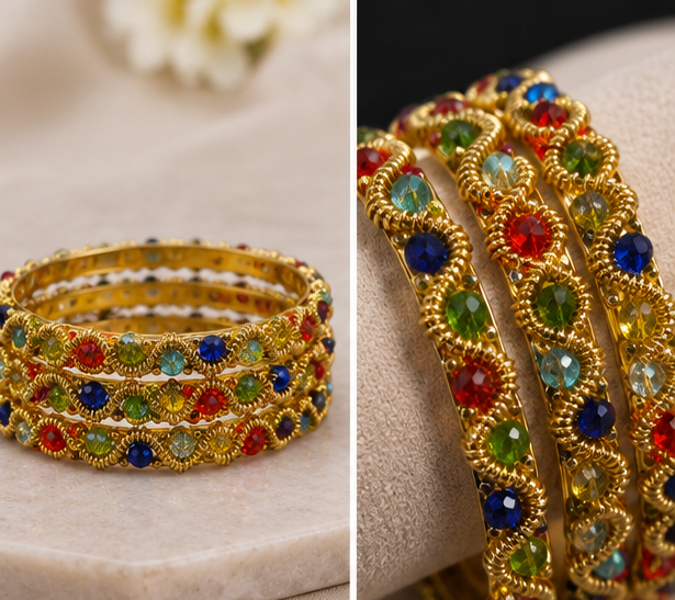 Gold Multicolor Stone Bangles with Ghungroo Tassel