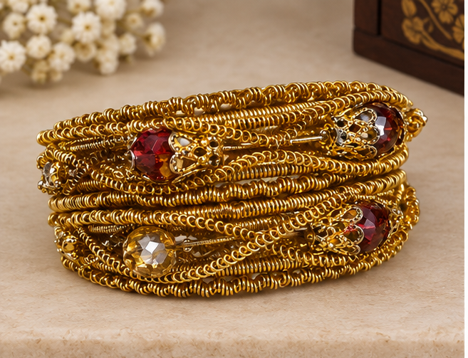 Gold seed bead bangles with jhumka tassel drops