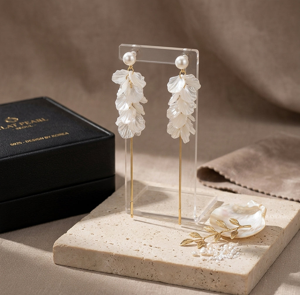 White Shell Petal Pearl Tassel Earrings