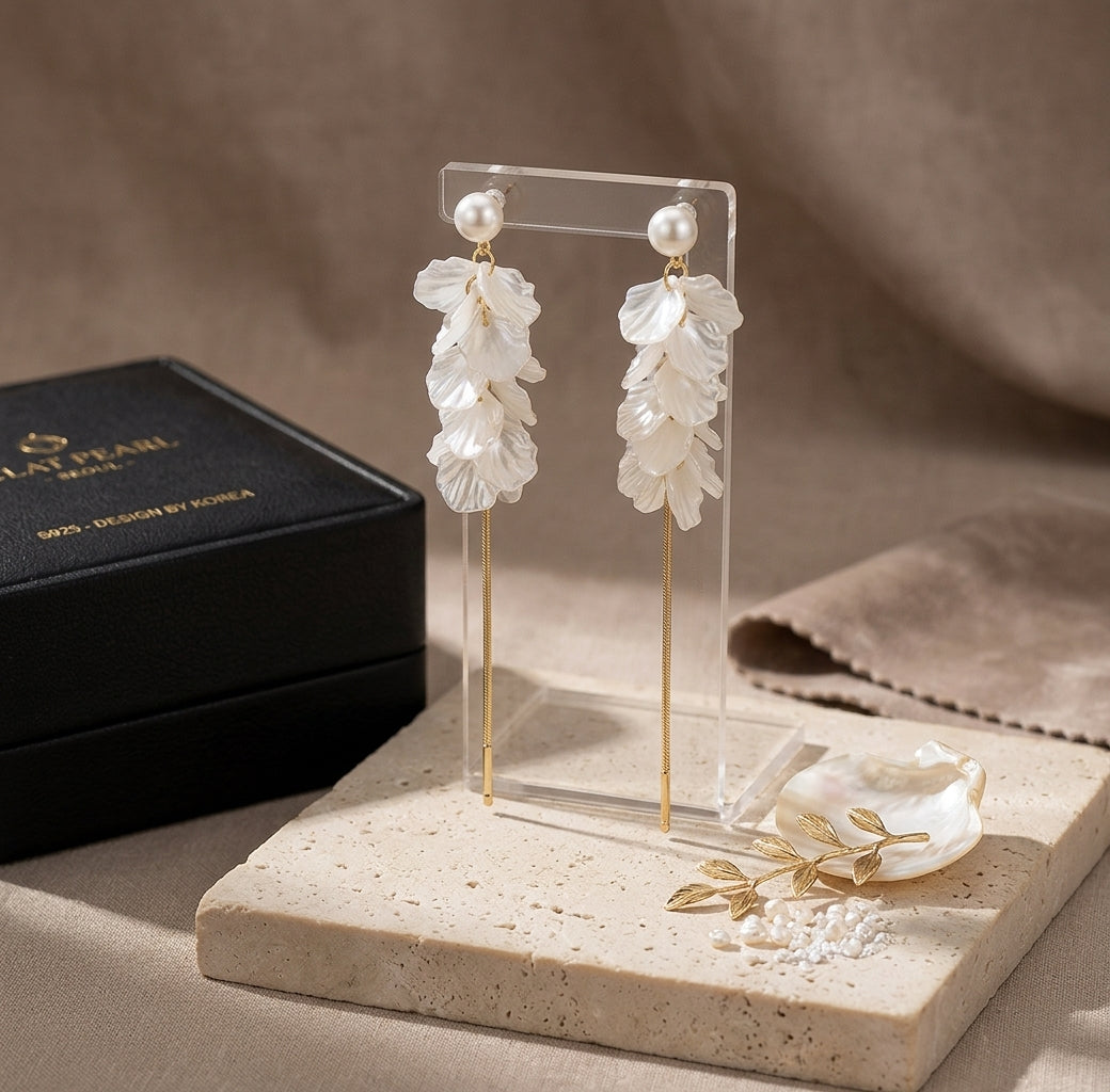 White Shell Petal Pearl Tassel Earrings