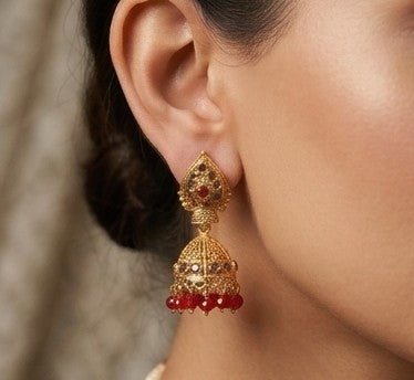 Gold Antique Filigree Jhumka Earrings with Red Beads