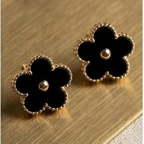Earrings Trio Set - CZ Studs, Black Clover & Black Flower Studs