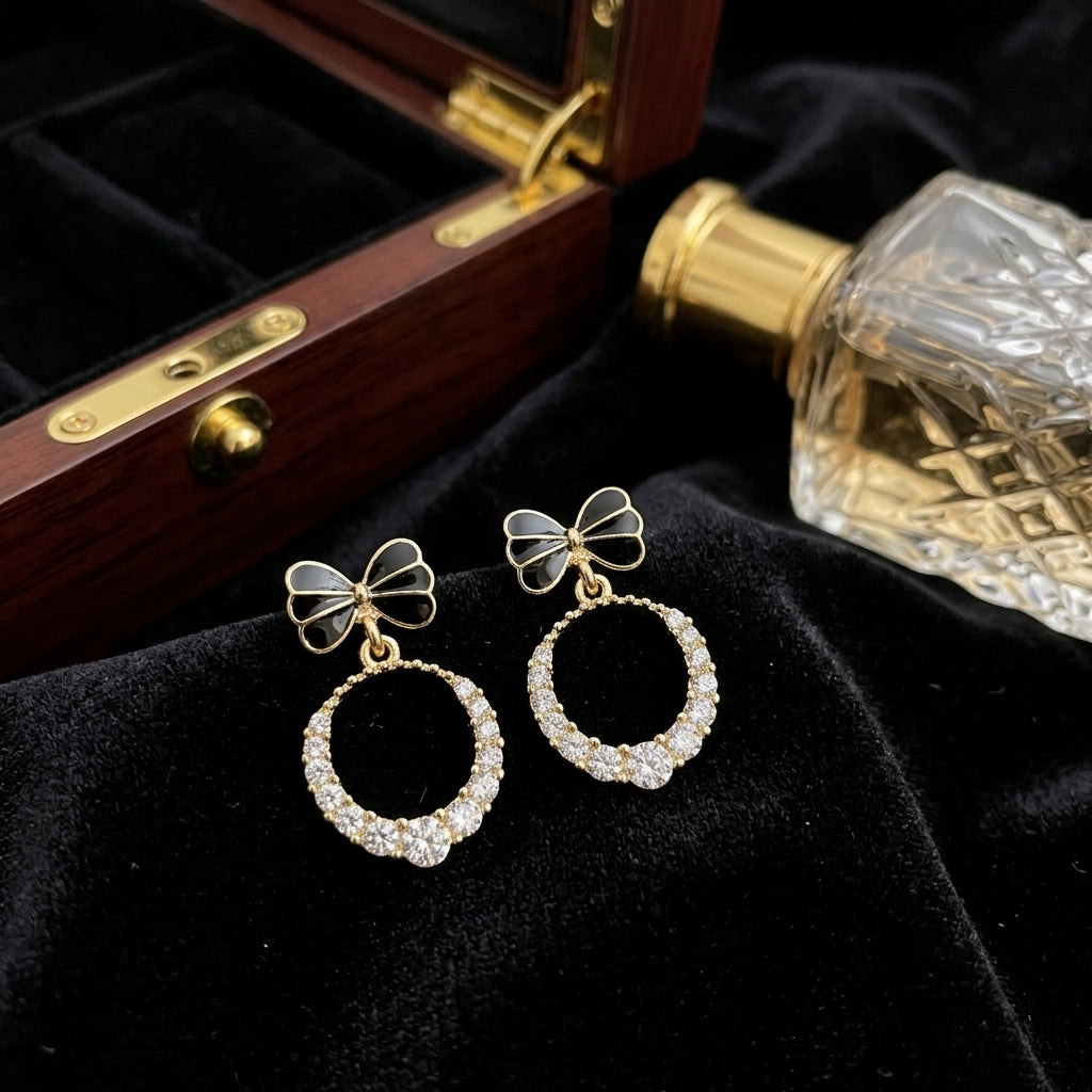 Black Bow Crystal Circle Drop Earrings