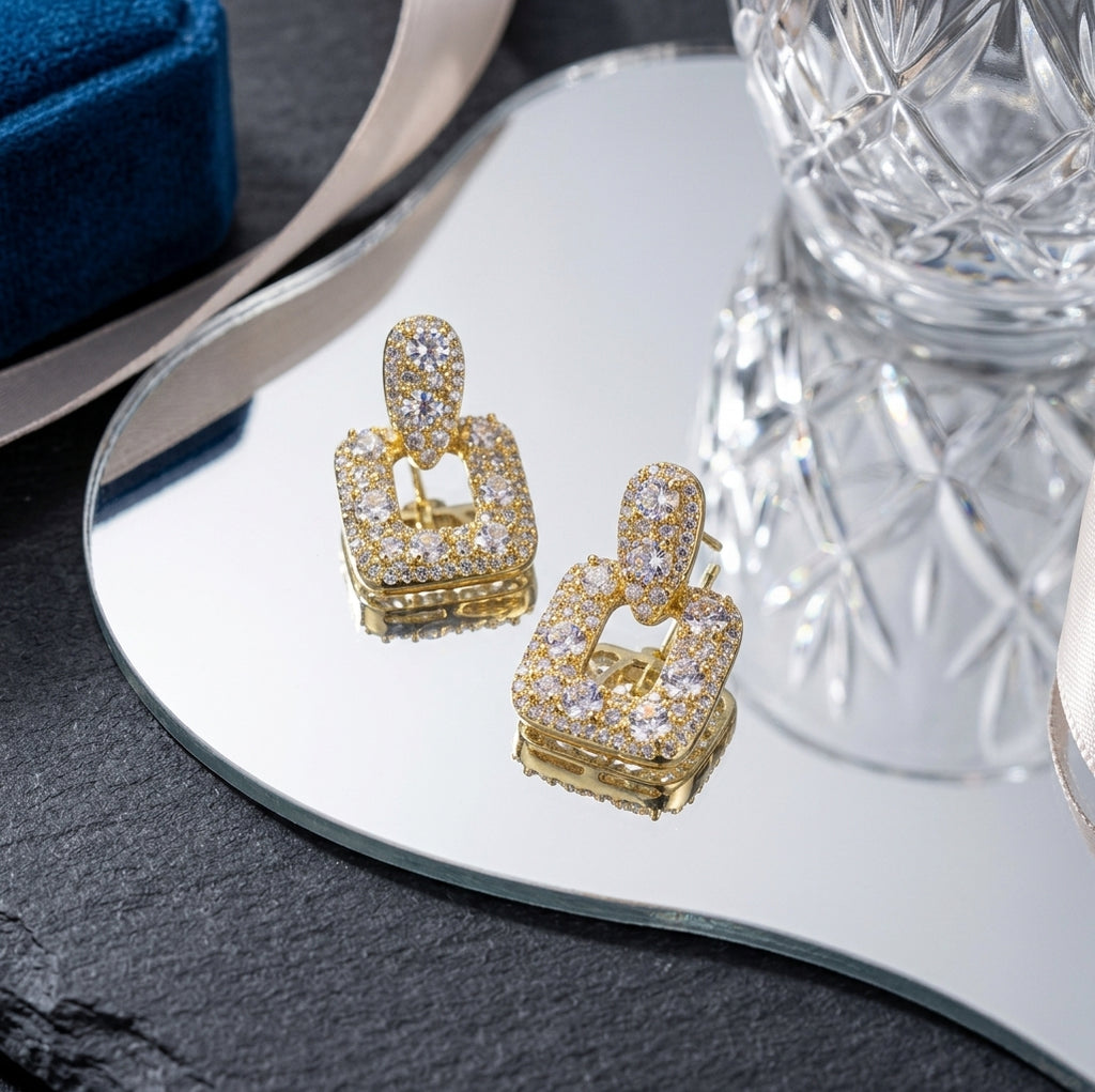Gold Square Zircon Drop Earrings