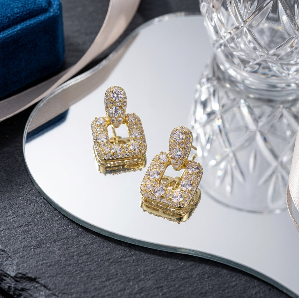 Gold Square Zircon Drop Earrings