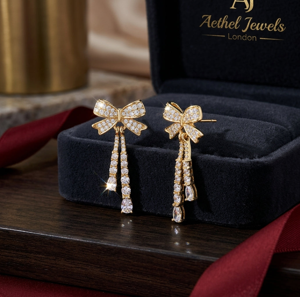 Gold Bow Crystal Tassel Drop Earrings