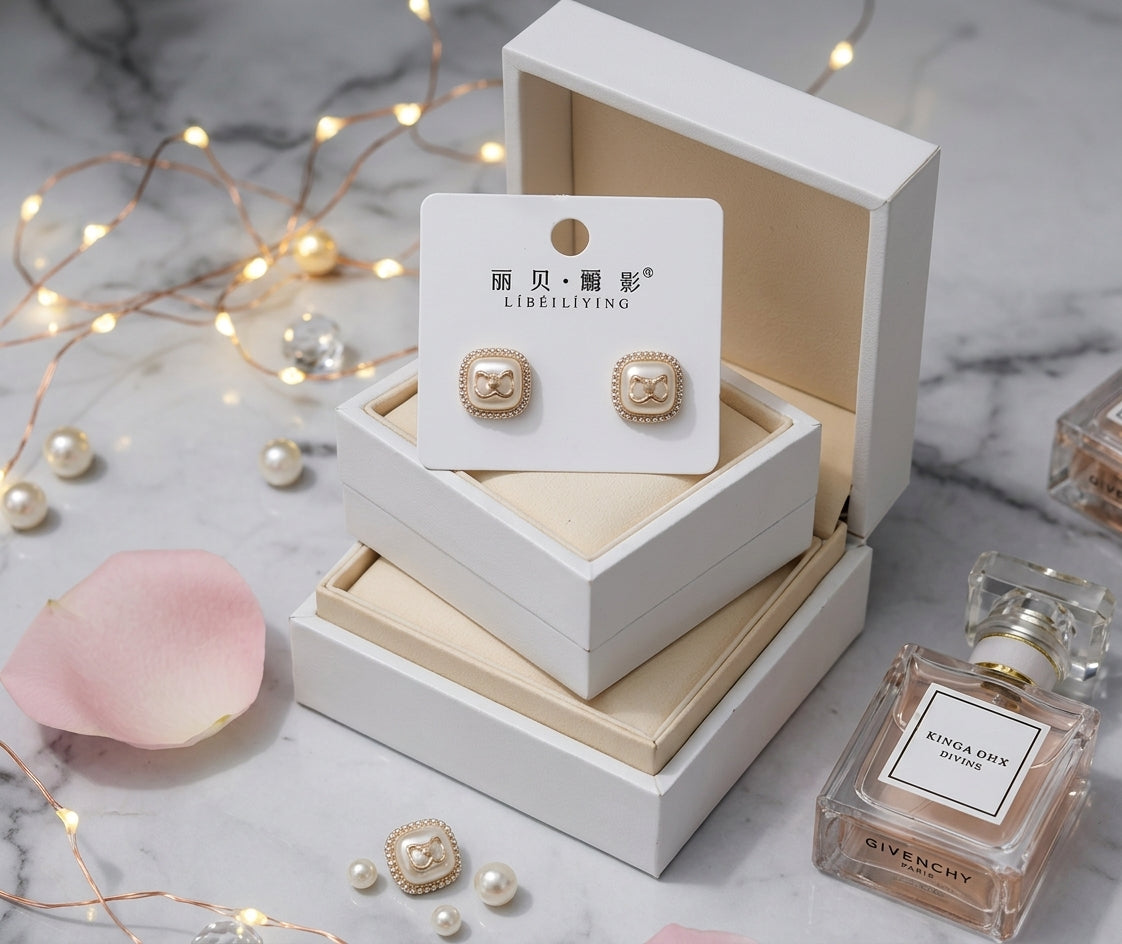 Gold Square Crystal Stud Earrings