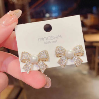 Bow Knot Pearl Crystal Earrings
