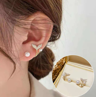 Zircon FishTail & Pearl Earrings