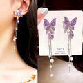 Purple Crystal Pearl Tassel Earrings