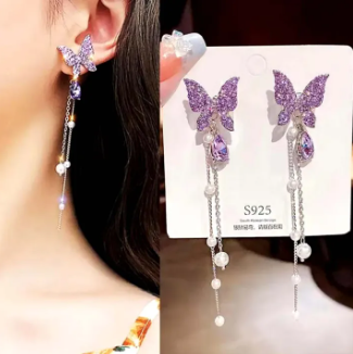 Purple Crystal Pearl Tassel Earrings