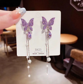 Purple Crystal Pearl Tassel Earrings