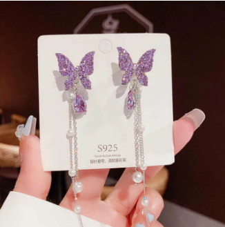 Purple Crystal Pearl Tassel Earrings