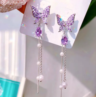 Purple Crystal Pearl Tassel Earrings