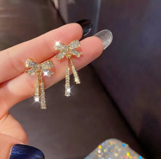 Gold Bow Crystal Tassel Drop Earrings