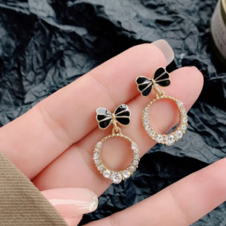 Black Bow Crystal Circle Drop Earrings