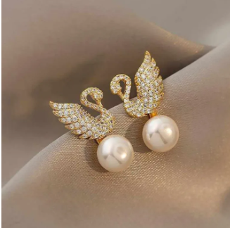 Gold Swan Zircon Pearl Drop Earrings