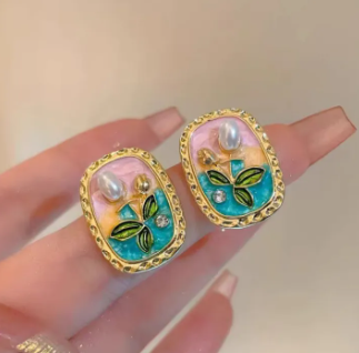 Enamel Floral Pearl Stud Earrings