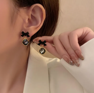 Black Bow Crystal Drop Earrings